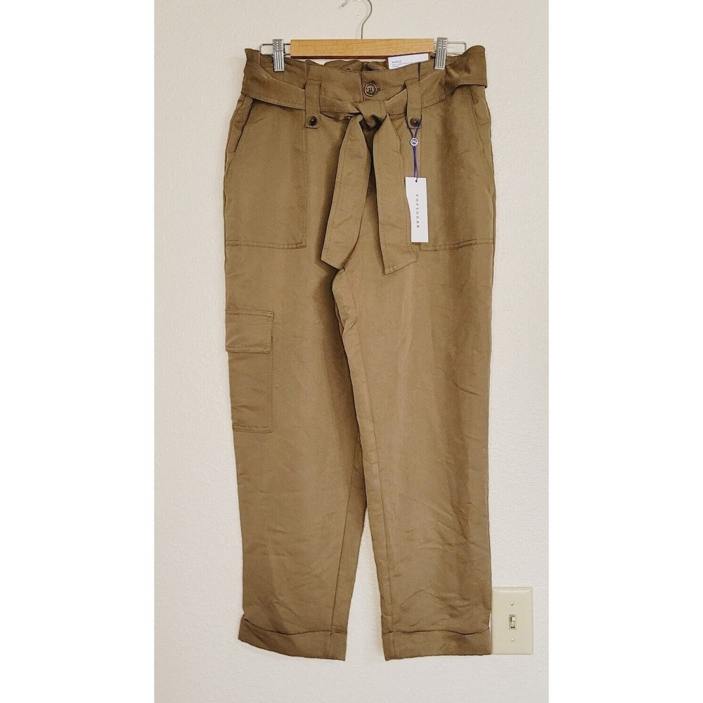 NWT Popsugar Women's Brown High Rise Tie Waist Tapered Ankle Pants. Size M